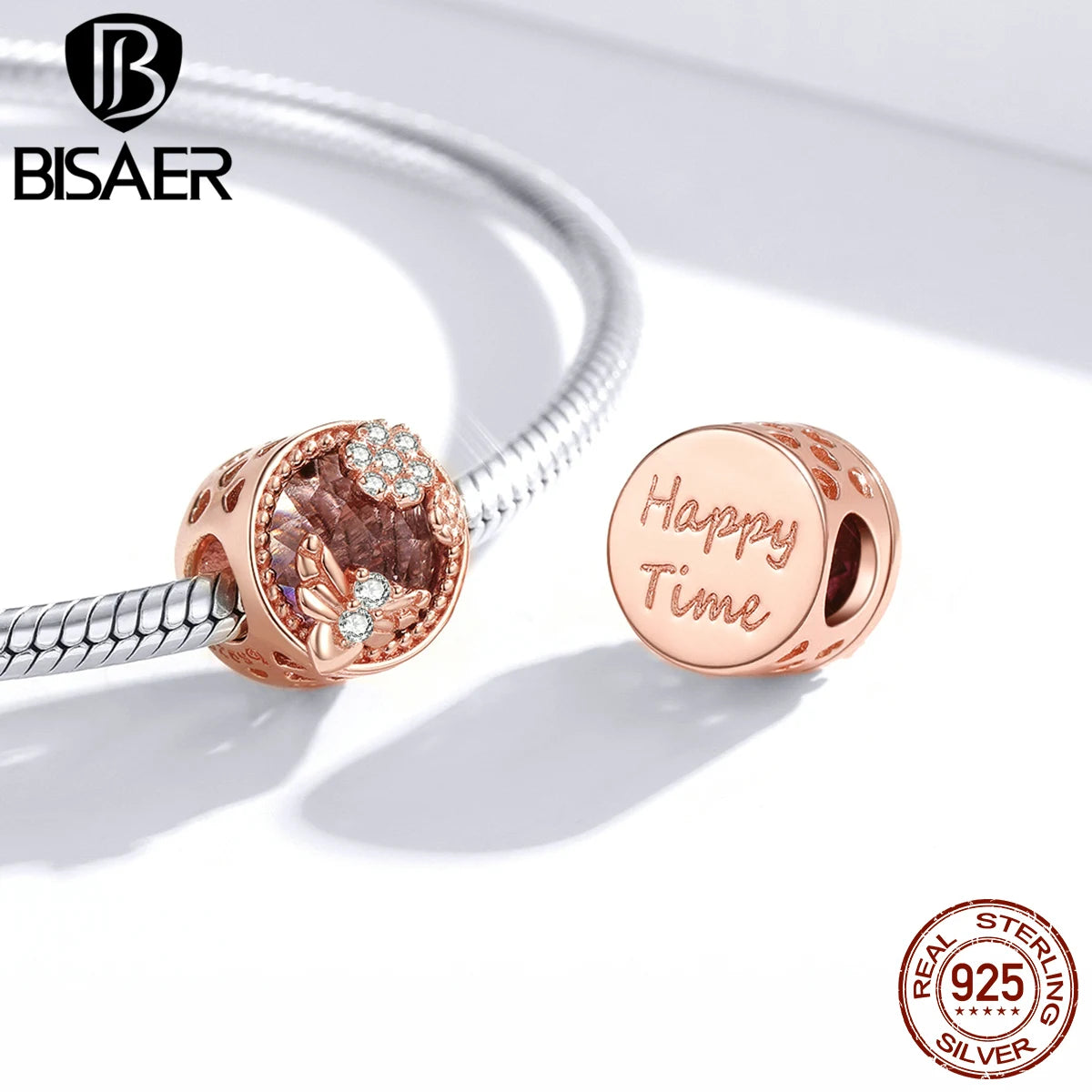 BISAER - Colgante de plata de ley 925 con forma de corazón y flor en oro rosa para pulsera de niña, joyería fina para el día de la madre o cumpleaños