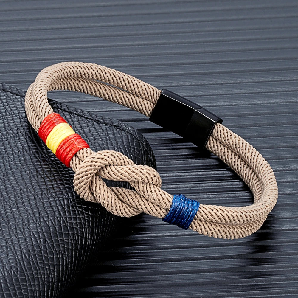 MKENDN Fashion Men Women Spain Flag Double Strand Nautical Rope Bracelet Brushed Black Stainless Steel Magnet Buckle Accessories