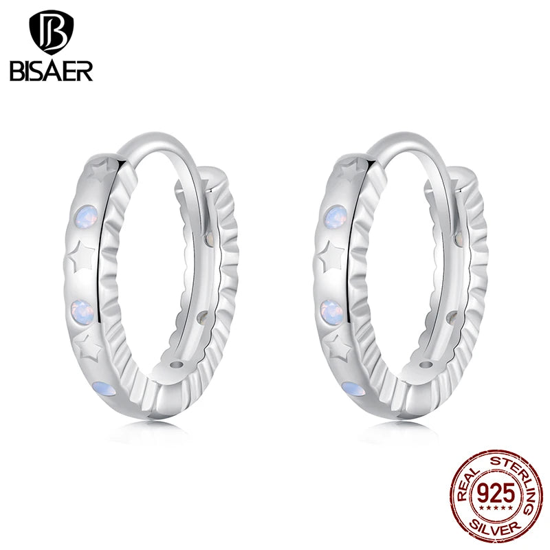 BISAER Real 925 Sterling Silver StarHoop Earrings Blue Opal Stud Earring For Women Party Weeding Fine Jewelry Gift EFE1110