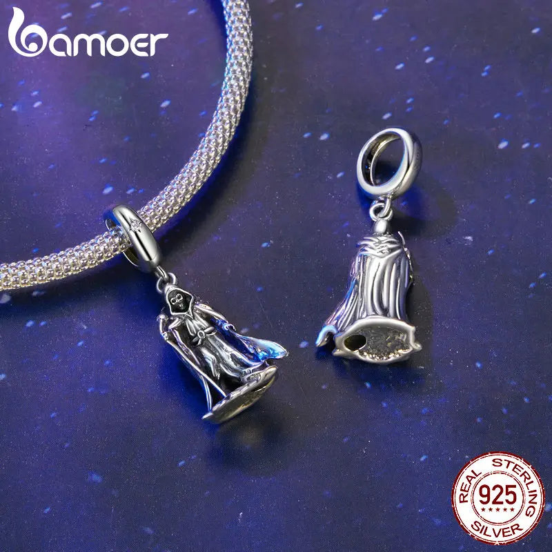 BAMOER Solid 925 Sterling Silver Wand-wielding Grim Reaper Pendant fit Original Bracelet & Necklaces Halloween Jewelry DIY