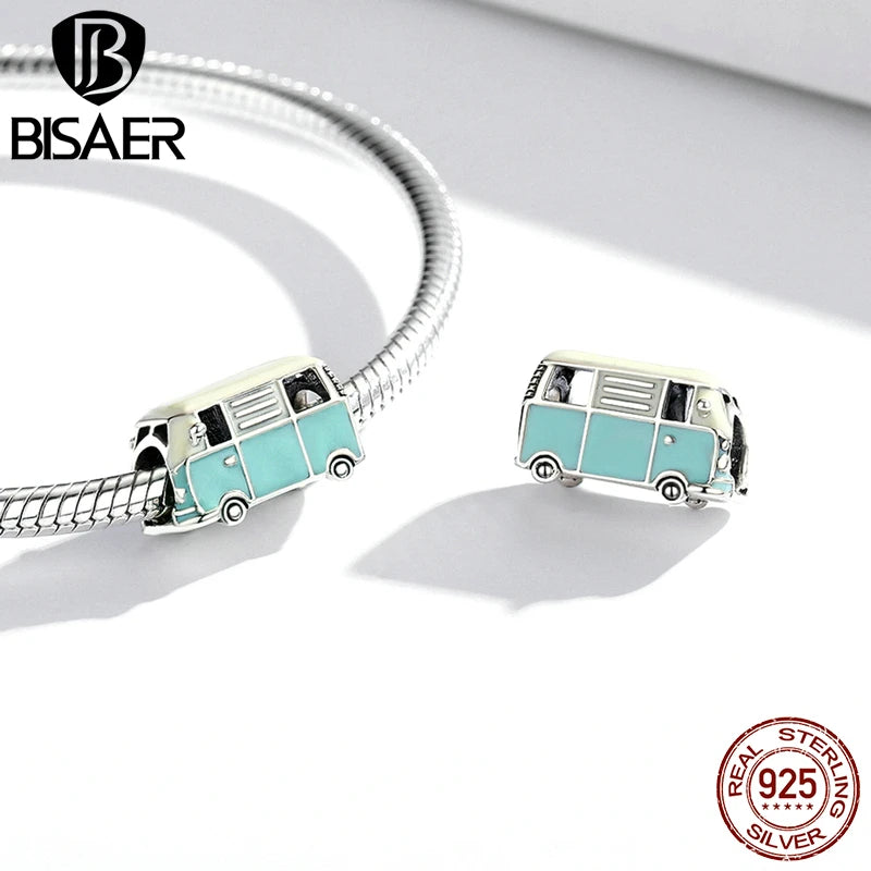 BISAER 925 Sterling Silver Car Charms Perles Bus Electrocar Vélo Émail Pendentif Fit Femme DIY Bracelet Collier Fine Jewelry