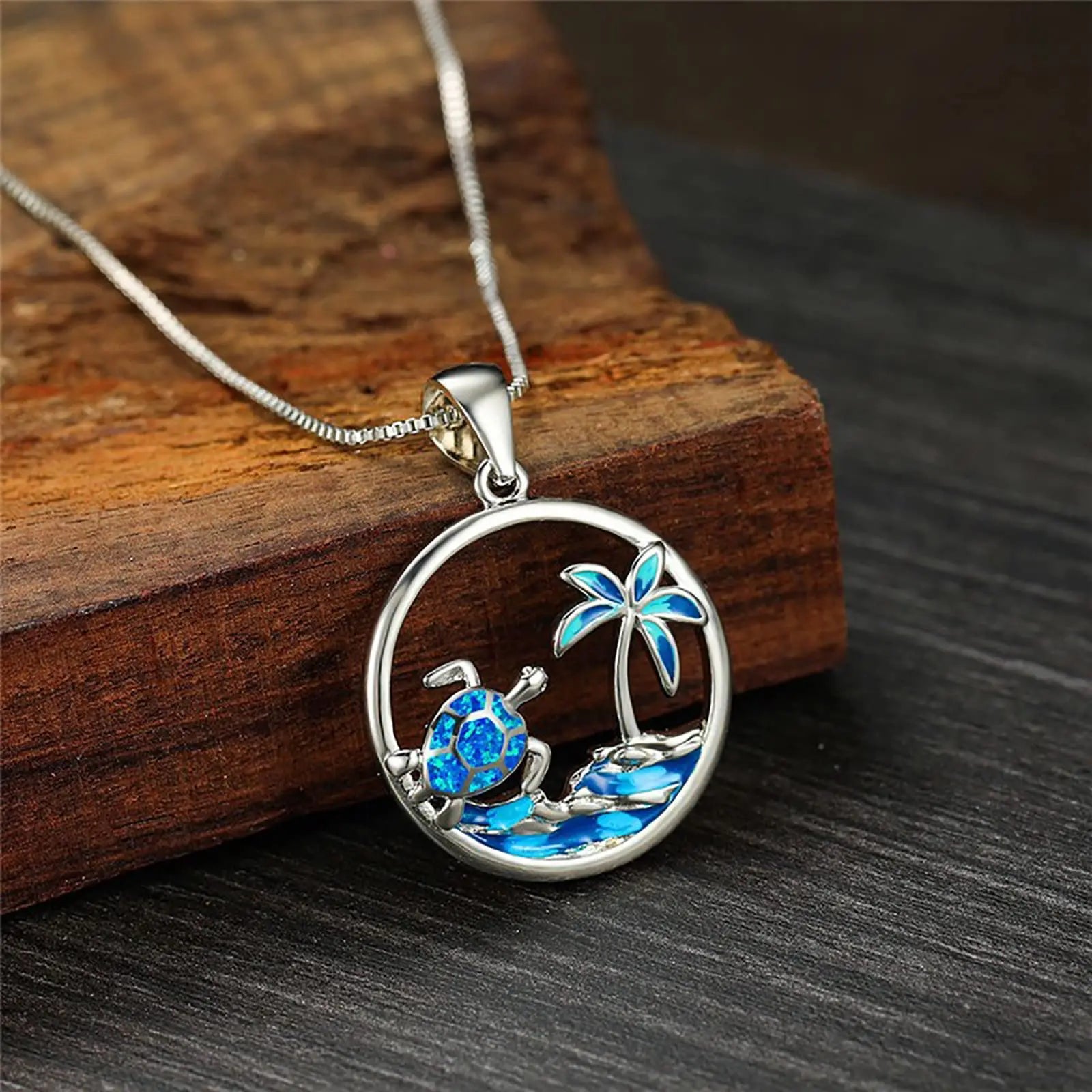 Boho Vintage Beach Wave Sea Turtle Pendant Necklace for Women Girl Fashion Imitation Blue Opal Necklace Wedding Jewelry