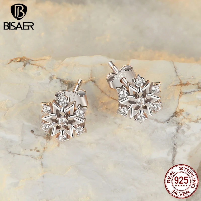 BISAER 925 Sterling Silver Snowflake Stud Earrings Sparkling Zircon Earrings Plated White Gold for Women Party Fine Jewelry Gift