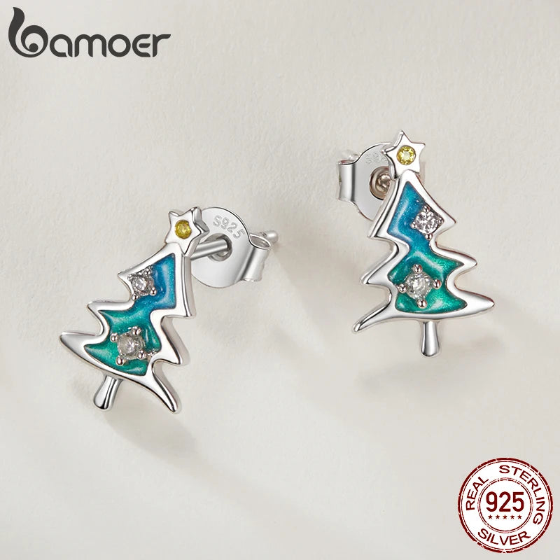 Boucles d'oreilles à tige en argent sterling 925 BAMOER en forme d'arbre de Noël, boucles d'oreilles hypoallergéniques plaquées or, cadeau de Noël pour fille SCE1811