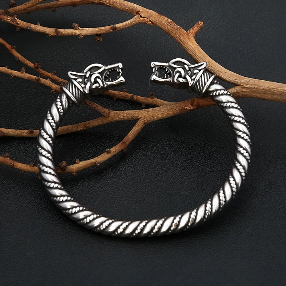 Norse Vikings Stainless Steel Dragon Head Cuff Bracelet Men's Punk Retro Viking Animal Amulet Opening Bangles Fashion Jewelry