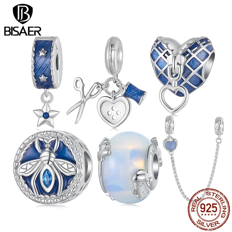 BISAER 925 Sterling Silver Bee Button Charm Bead Tailor Set Heart Zipper Denim Pendant Fit Woman DIY Bracelet Fine Jewelry Gift