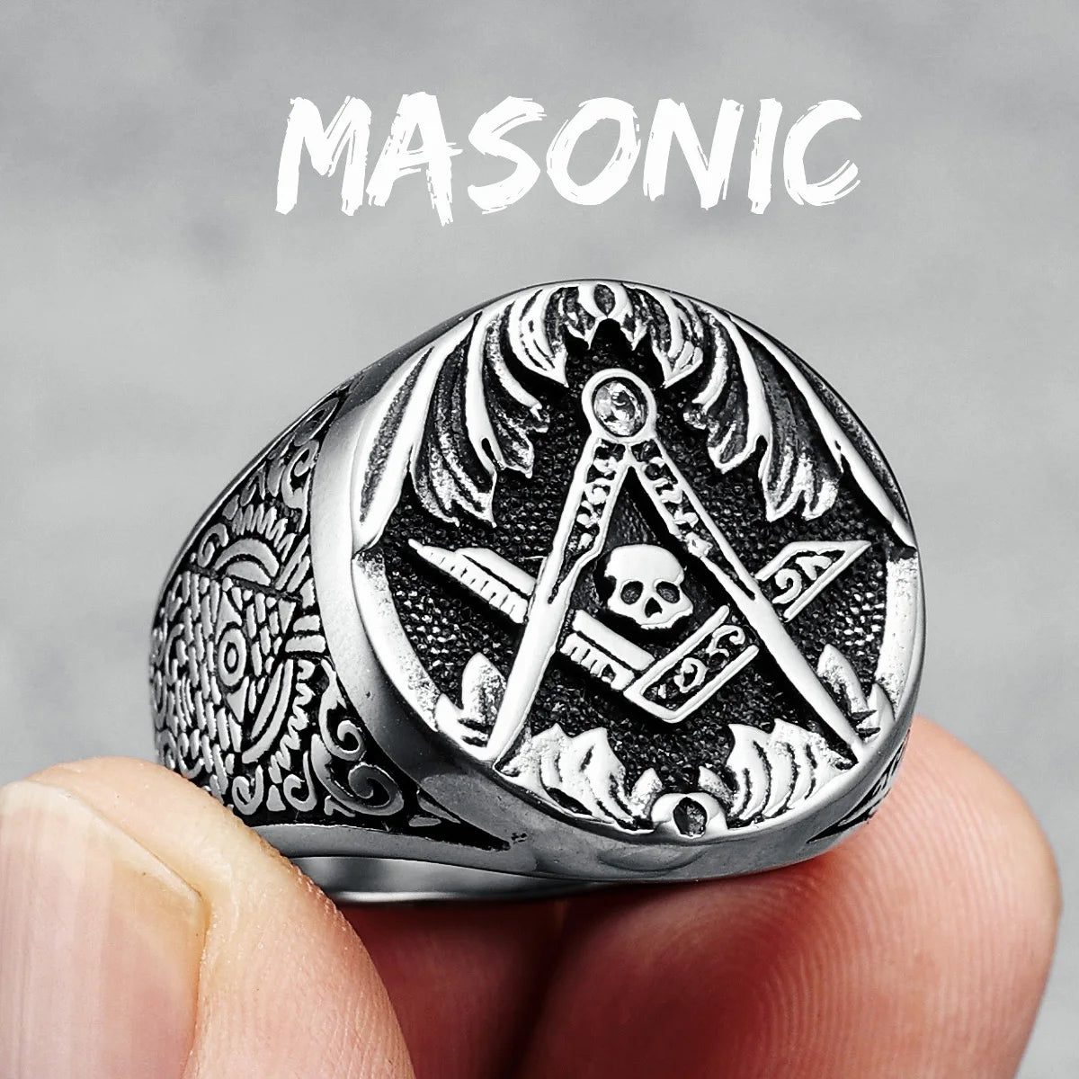 Masonic Skull Ring 316L Stainless Steel Men Eye of Truth Freemasonry Rock for Rider Male Boyfriend Jewelry Best Gift Wholesale