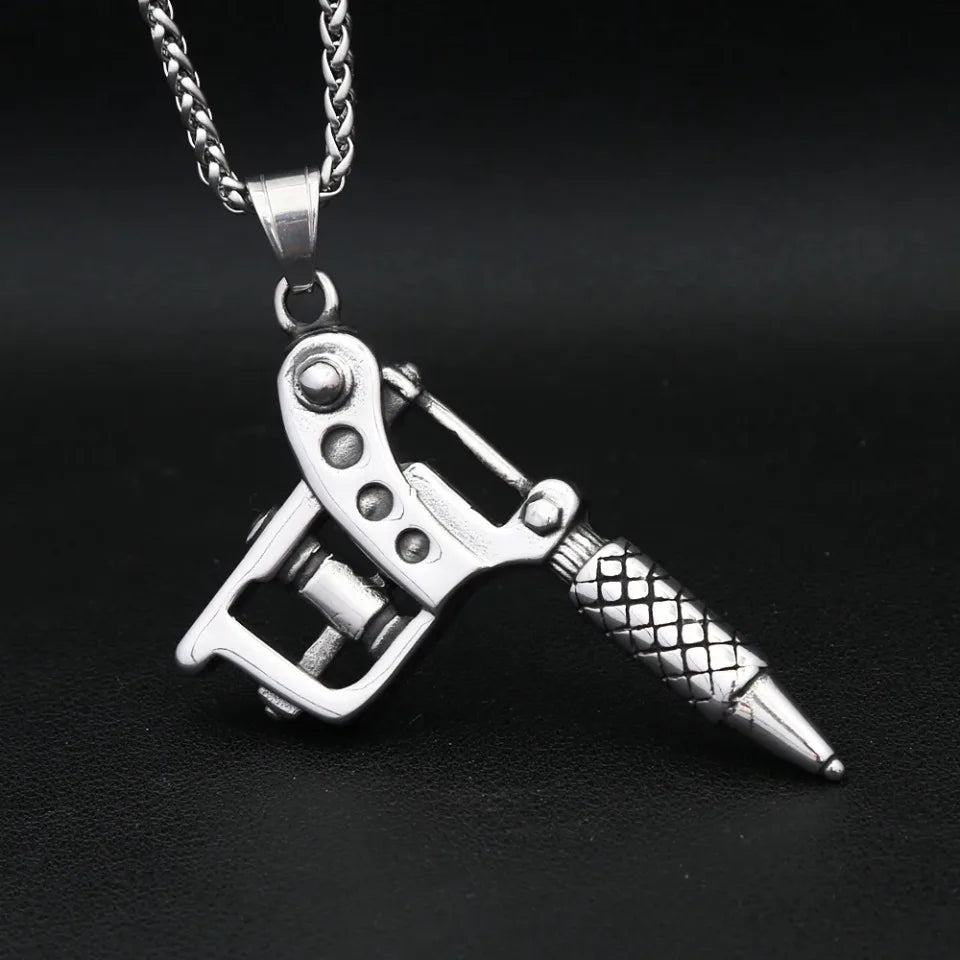 Vintage Stainless Steel Tattoo Machine Tool Pendant Necklace For Men Women Punk Hip Hop Tattoo Artist Gifts Jewelry Accessories