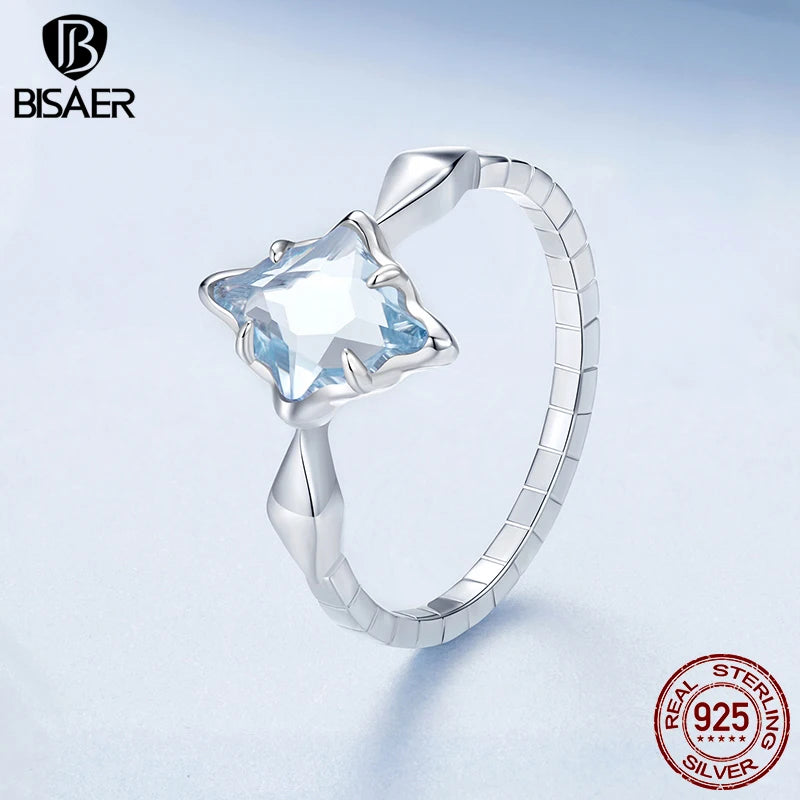 BISAER 925 Sterling Silver Blue Starburst Ring Square Statement Ring Plated White Gold for Elegant Women Party Fine Jewelry