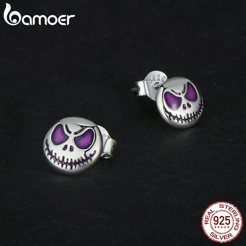 Bamoer 925 Sterling Silver Luminous Stud Earrings Halloween Skeleton Earrings for Women Girls Original Design Fine Jewelry