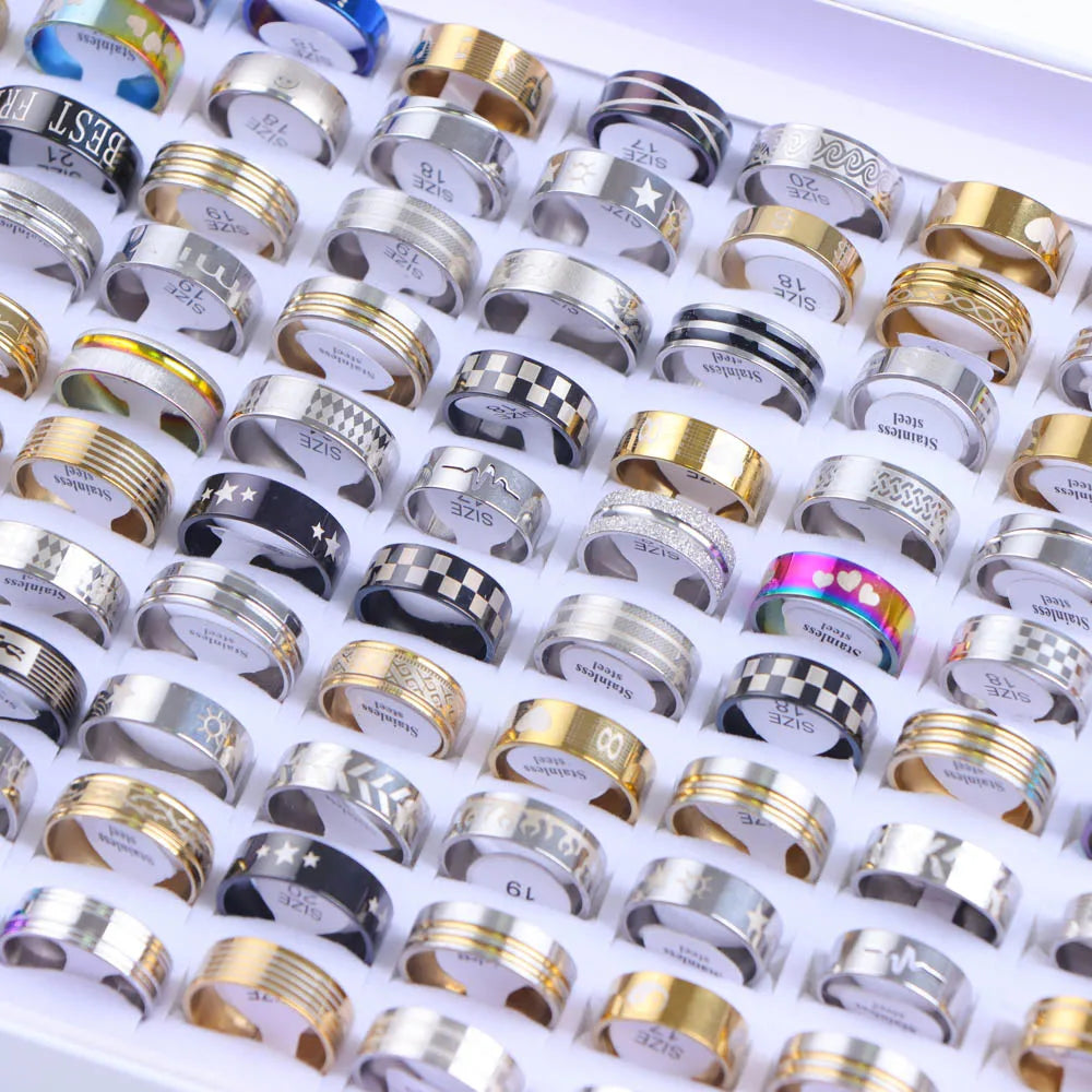 20Pcs/Lot Fashion Mix Style Hollow Stripe Punk Spikes Stainless Steel Rings Jewelry For Women Men Party Trendy Gift Wholesale