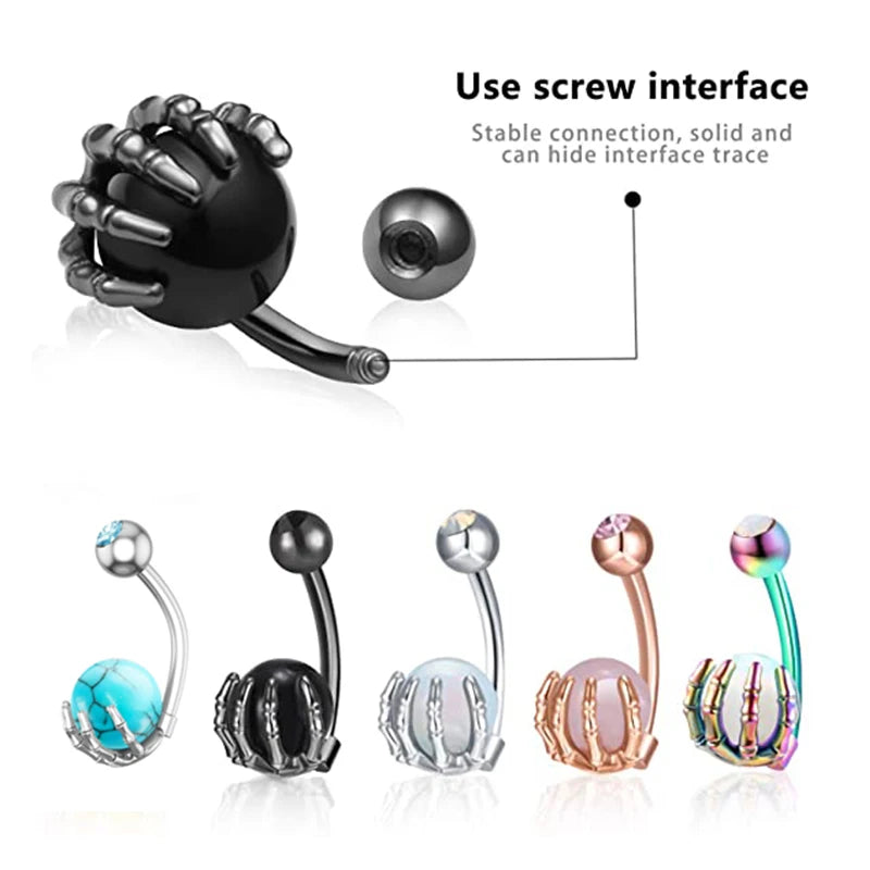 1pc Skeleton Hand Holding Stone Ball Belly Button Rings Piercing Umbigo Stainless Steel Claw Navel Rings Skull Hand Belly Ring