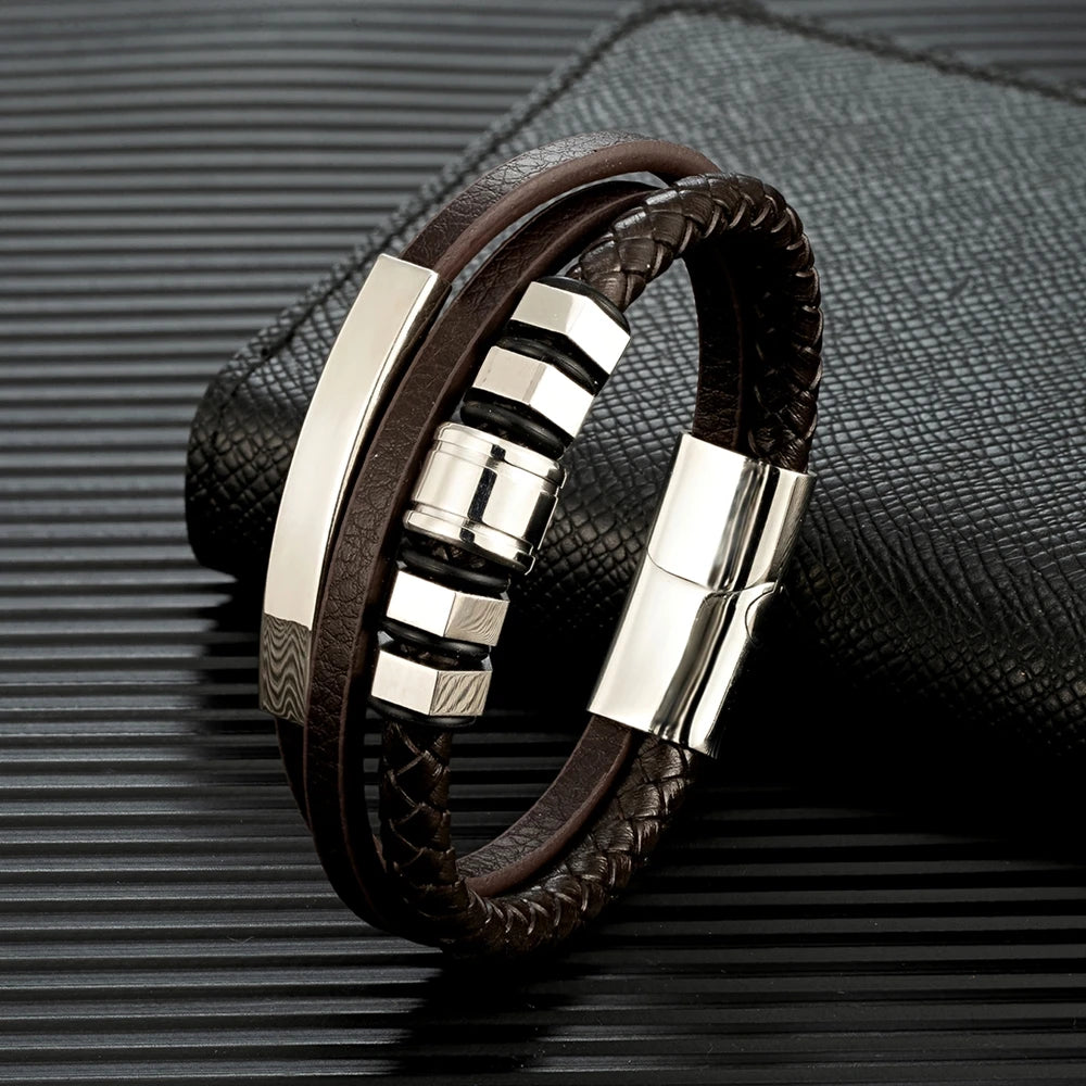 MKENDN Steampunk Style Hex Nut Cap Bracelet Men Women Multilayer Braid Genuine Leather Bracelet With Stainless Steel Jewelry