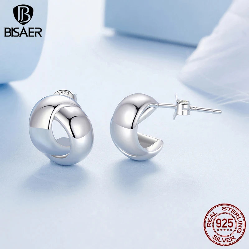 BISAER Real 925 Sterling Silver Minimalist Twsisted Stud Earrings Woven Metal Stud Ear For Women Party Original Fine Jewelry