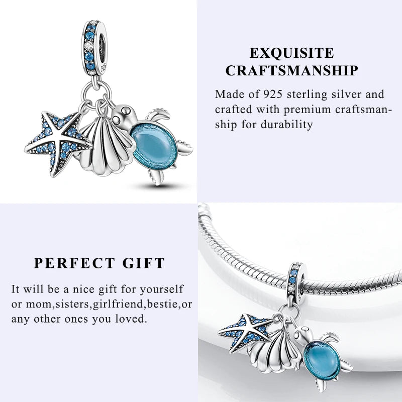 New Silver Plated Charms Beads Turtle Starfish Shell Sea Blue Summer Beads Fit Original Pandora Charms DIY Woman Jewelry Gift