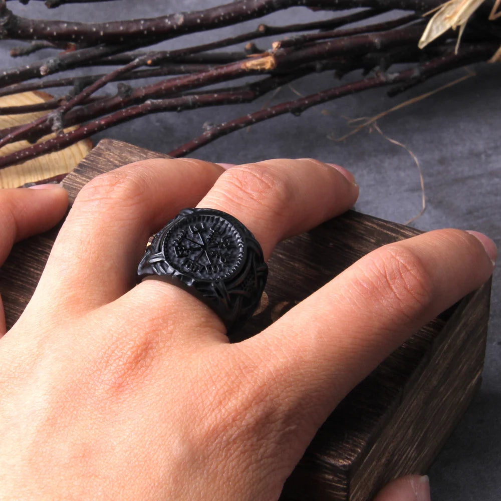 Never Fade Vintage Viking Compass Helm of Awe Ring Stainless Steel Men Nordic Ethnic Belief Aegishjalmur Viking Rings Jewelry