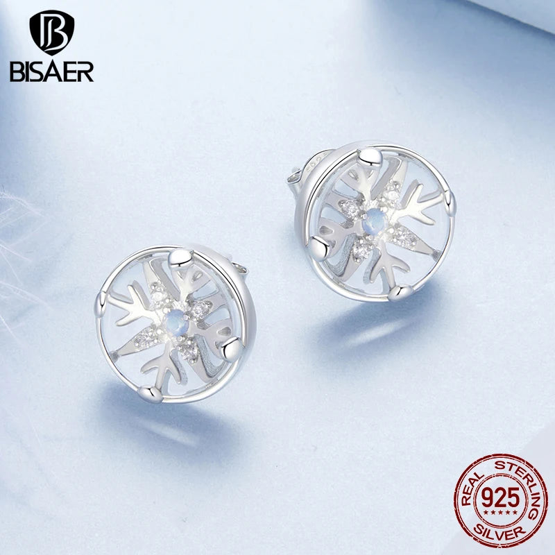 BISAER 925 Sterling Silver Crystal Ball Snowflake Stud Earrings Round Earrings Plated White Gold for Women Party Fine Jewelry