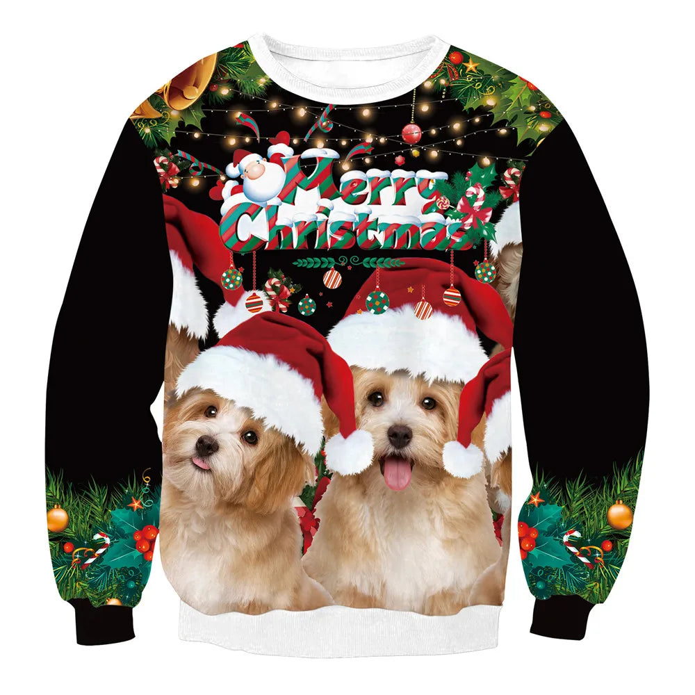 Men Women Tacky Xmas Sweater 3D Christmas Dog Snowflake Bell Reindeer Santa Printed Holiday Party Jumper Christmas Sweatshirt