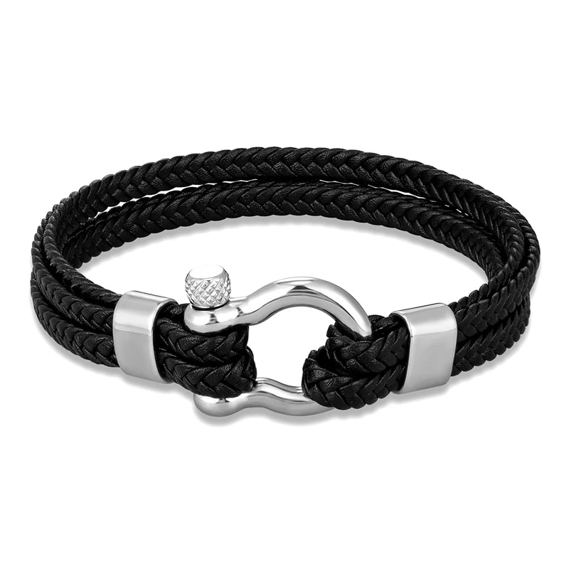 Men Multilayer Woven Leather Bracelet Fashion Stainless Steel Horseshoe Shackle Buckle with Screw Bracelet Jewelry for Women