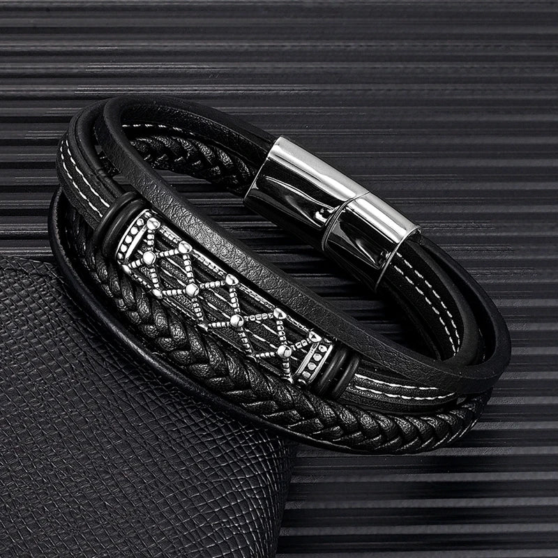 MKENDN Braided Wrap Multilayer Leather Bracelets for Men Vintage Hollow Pattern Stainless Steel Metal Accessories Wristbands