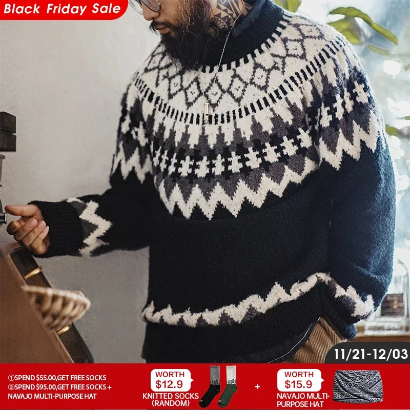 Maden Men Vintage Heavyweight Icelandic Sweater Round Neck Jacquard Bottom Knitwear Thickened and Warm Pullovers for Fall Winter