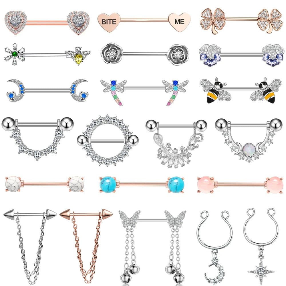 Both Sides Unscrew Chain Dangled Nipple Piercing Barbell Stainless Steel Flower Crystal Nipple Shield Cover Nipple Rings Jewelry