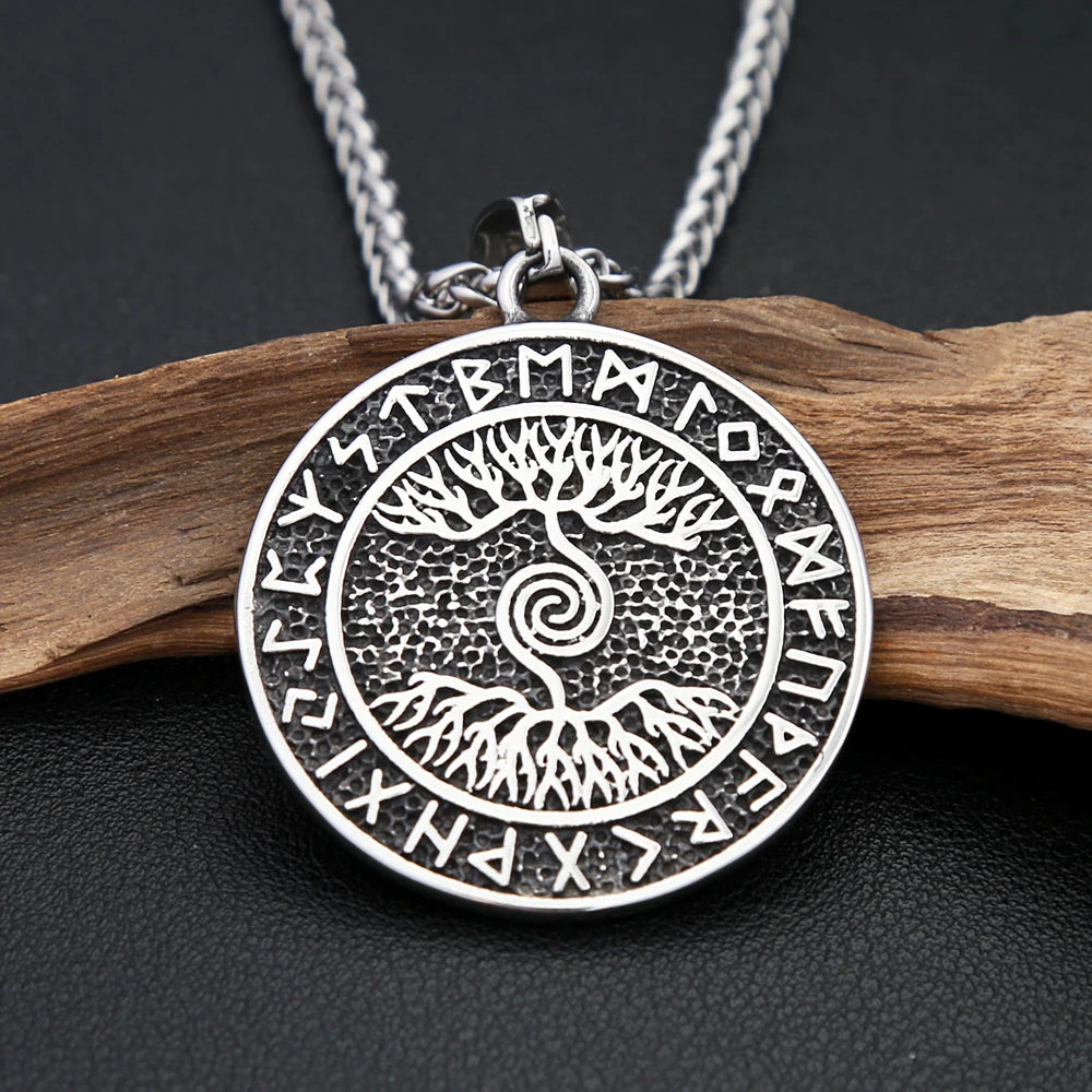 Classic Vintage Stainless Steel Viking Tree Of Life Necklace For Women Men Nordic Runes Pendant Amulet Scandinavian Jewelry Gift