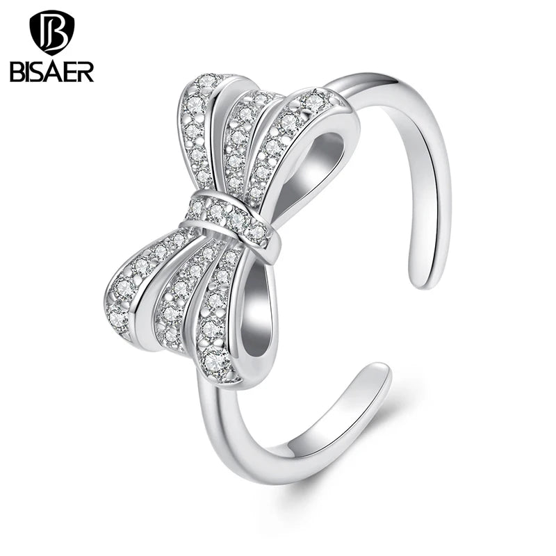 BISAER Bague Ouverte en Or Blanc Plaqué Taille Réglable 5-9 Anneaux pour Femmes Luxe Léger Mariage Fiançailles Mode Bijoux Cadeau