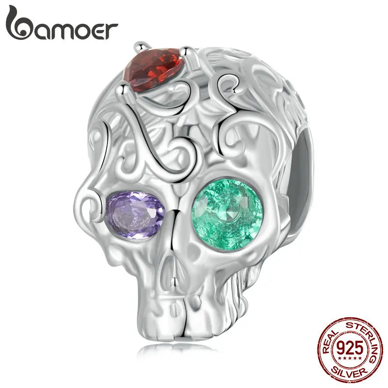 BAMOER Solid 925 Sterling Silver Patterned Skull  Charm Beads fit Original Bracelet & Necklaces Halloween Jewelry DIY SCC2893