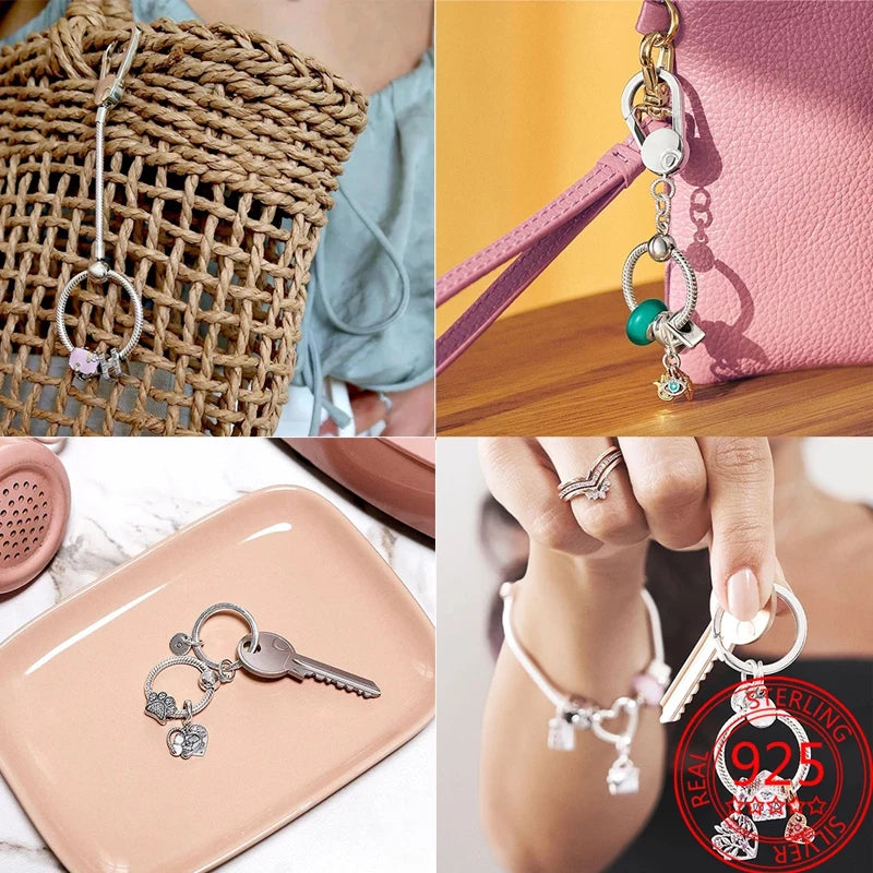 Pendant Charms 925 Sterling Silver Moment Key Ring Small Bag Holder Fit Original Pandora Bracelet Women DIY Jewelry Making Gift