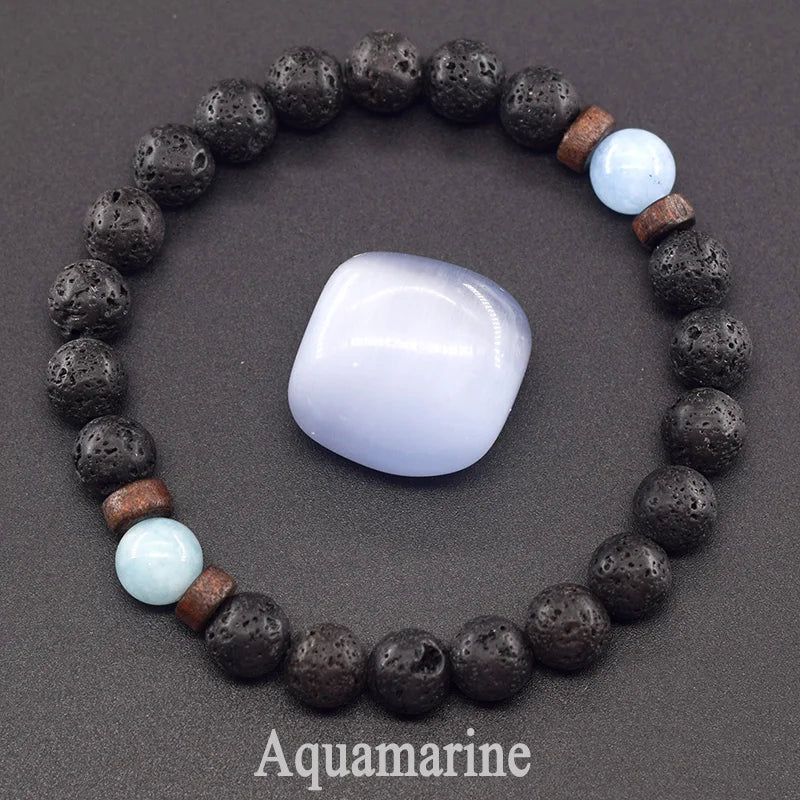 Natural Blue Sandstone Round Beads Bracelet Men Women Vintage Volcanic Stone Jewelry Relieve Anxiety Wristband Birthday Gift