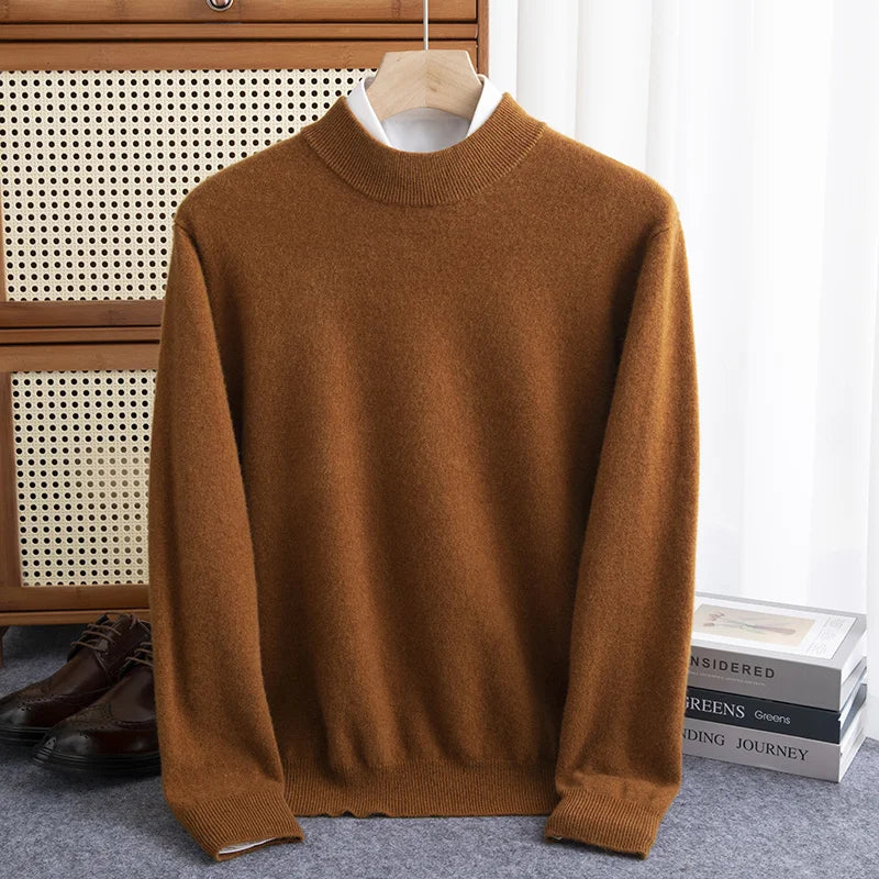 New Fashion Men's 100% Wool Pullover Half-high Collar Sweater Autumn Winter Warm Solid Color Knit Sweater Business Casual Top