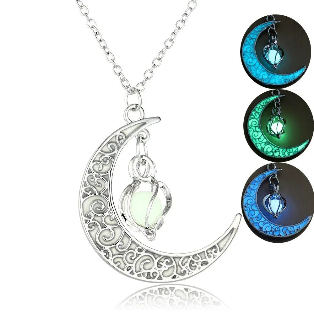 Colgante de jaula hueca luminosa con forma de luna, estrella y planeta que brilla en la oscuridad, novedoso collar para regalo de Halloween