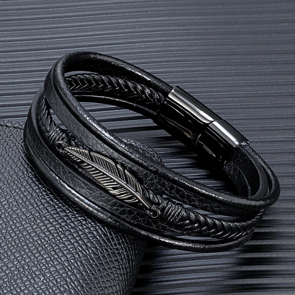 MKENDN Simple Classic Feather Genuine Leather Bracelet Braided Multilayer Stainless Steel Magnetic Clasp Wrap Bangle