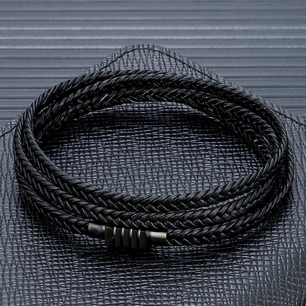 MKENDN Fashion Braided Rope Woven Multilayer Genuine Leather Bracelets Men Punk Black Stainless Steel Bangle Handmade Jewelry