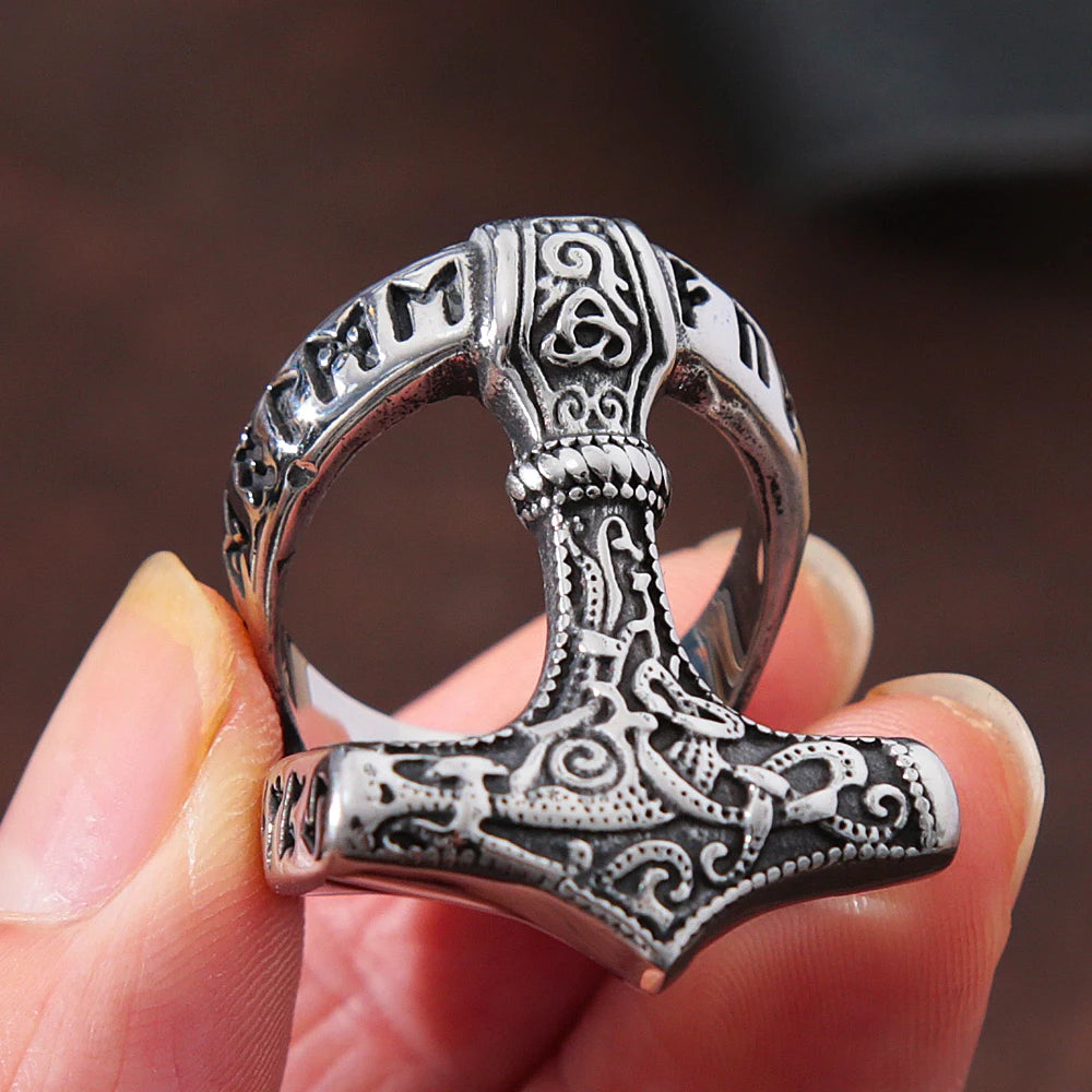 Vintage Viking Thor's Hammer Ring Mens Nordic Odin Rune Ring Stainless Steel Jewelry Biker Amulet Gift Wholesale