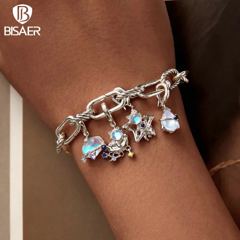 BISAER 925 Sterling Silber Dreamy Star Srail Charm Flugzeug Astronaut Space Series Anhänger für Frauen DIY Armband Edlen Schmuck