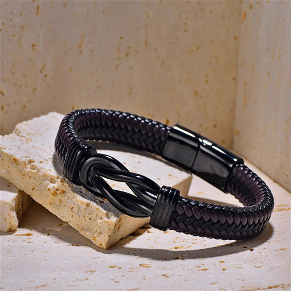 MKENDN Classic Infinity Bracelet for Men Brown Braided Leather Forever Linked Together Stainless Steel Jewelry Personalize Logo