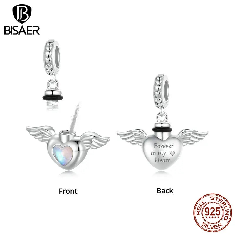 BISAER 925 Sterling Silver Pet Memorial Urn Ashes Pendant Heart Wing Charms Beads for Women DIY Bracelet & Necklace Fine Jewelry