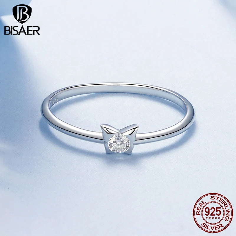 BISAER 925 Sterling Silver Butterfly Ring Moon Sparkling Zircon Band Plated White Gold for Women Party Weeding Fine Jewelry Gift