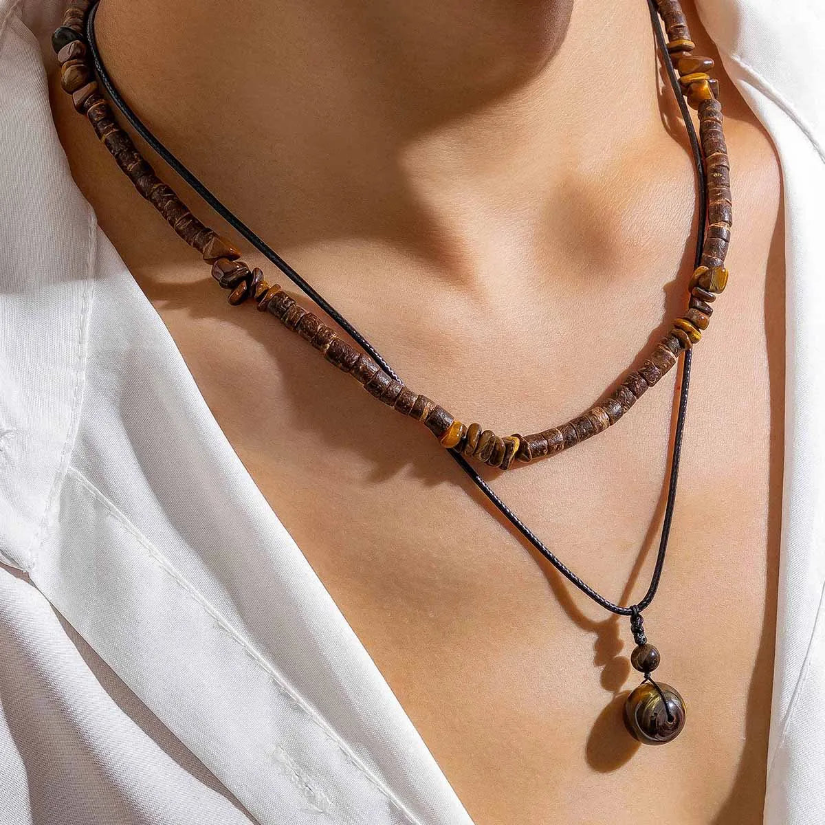 Salircon Vintage Ethnic Geometric Gravel Chain Clavicle Necklace Boho Coconut Shell Wood Bead Chain Necklace Men's Neck Jewelry