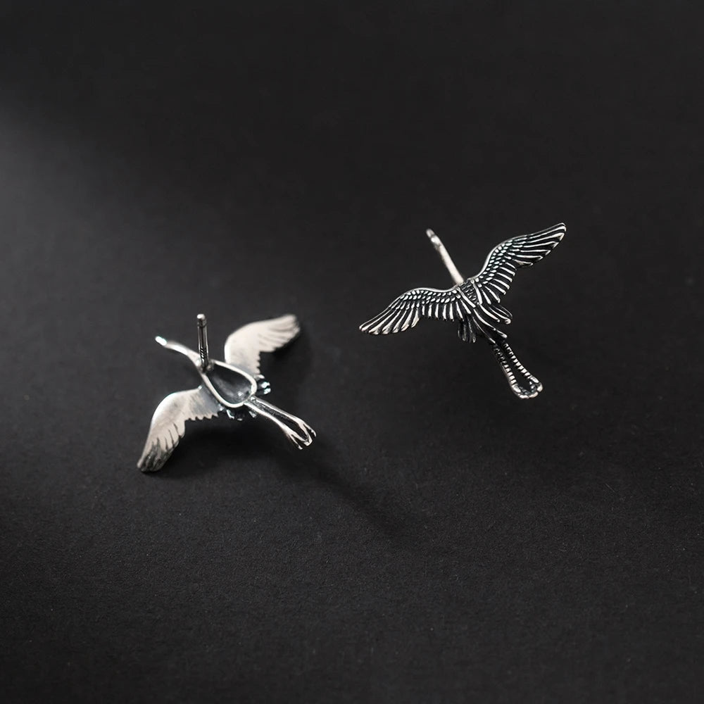 MKENDN 100% 925 Sterling Silver Creative Retro Flying cranes Stud Earring Punk Street Style Ear Pin for Women Men Animal Jewelry