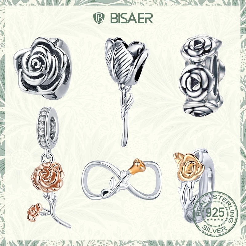 BISAER 925 Sterling Silver Charm Rose Flower Tulip Carnation Pendant For Mother Girl DIY Bracelets Necklace Fine Jewelry Gift