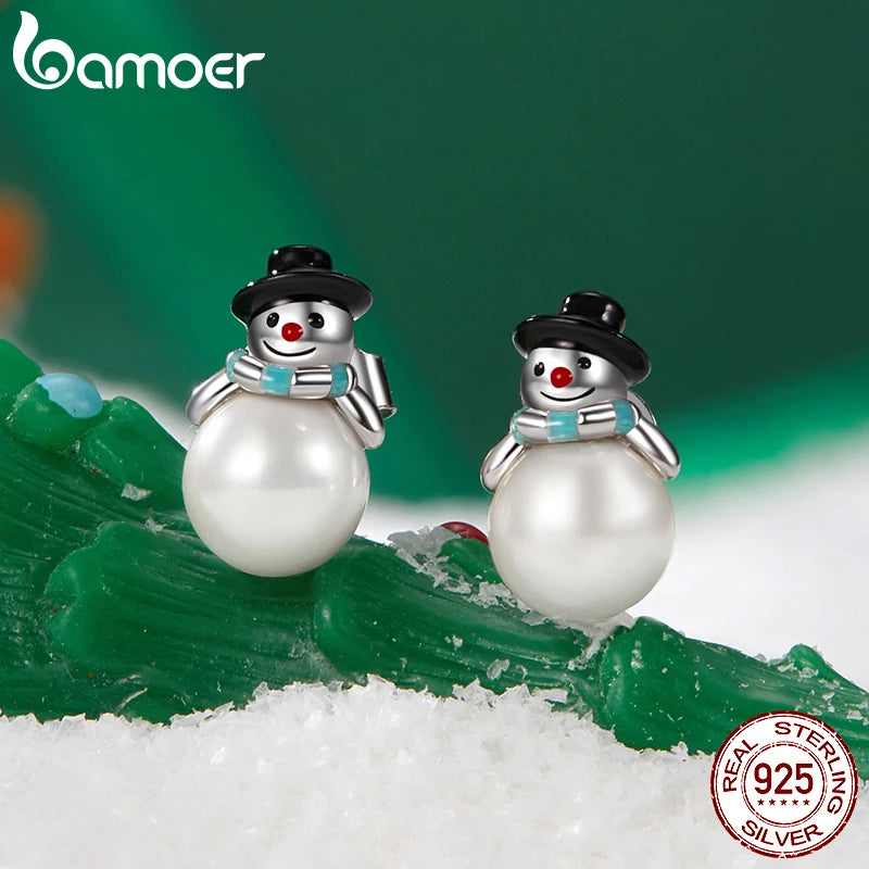 BAMOER Boucles d'oreilles à tige en argent sterling 925 avec perles et bonhomme de neige pour femmes et filles, hypoallergéniques, cadeau de Noël BSE1095