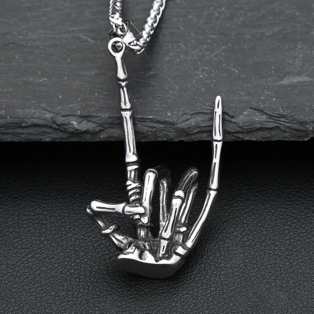 Vintage Gothic Skull Gestures Pendant Necklace For Men Women Punk Hip Hop Stainless Steel Skeleton Rock Necklaces Biker Jewelry