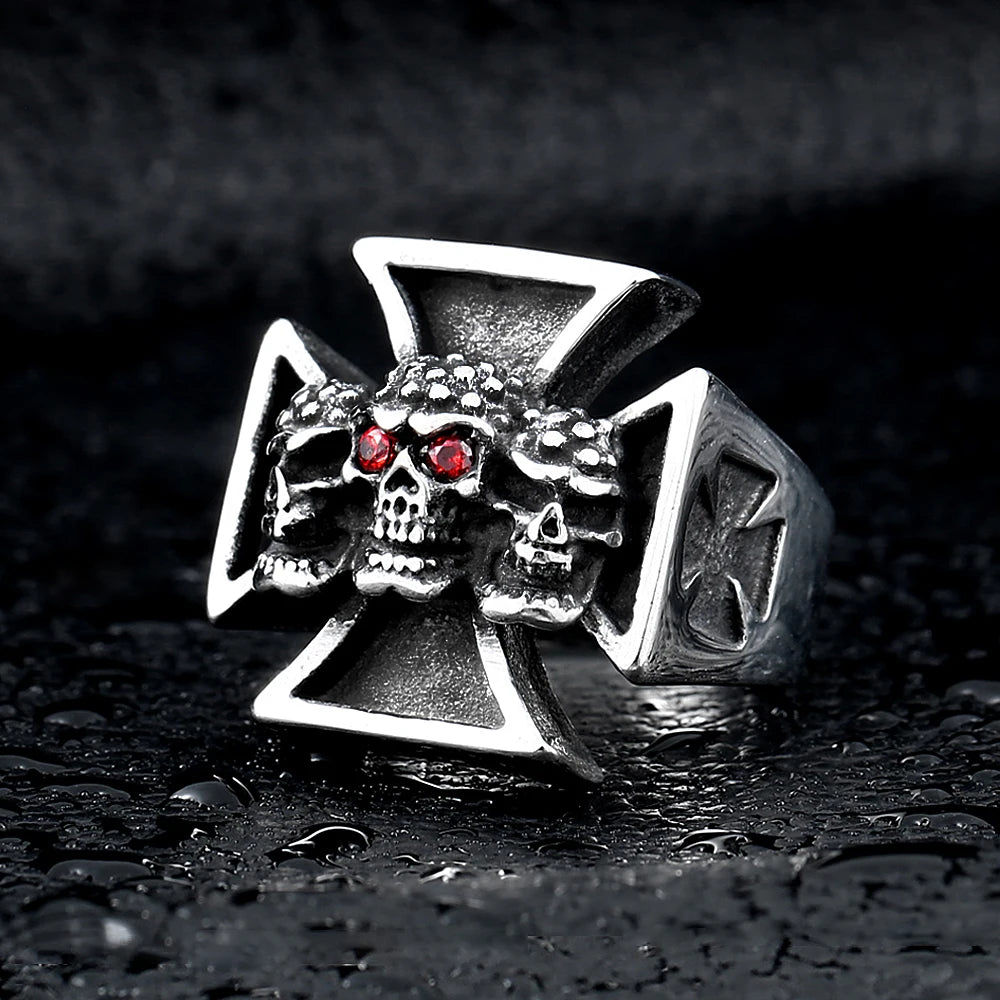 Punk Vintage Drei Schädel Eisernes Kreuz Ringe Für Männer Junge Gothic Rock Edelstahl Rot Stein Ring Hip Hop Biker Schmuck Großhandel