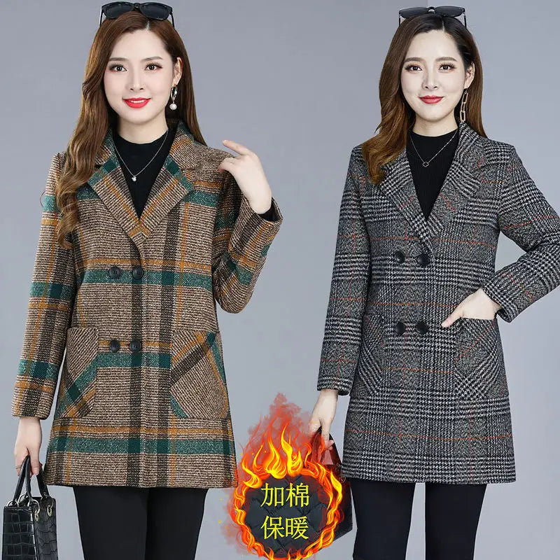 Mutter kleidung Plaid Woll Jacke 5xl Herbst Winter Weibliche Verdicken Schlank Mittleren länge Outwear Korea frauen Casual Wollmantel