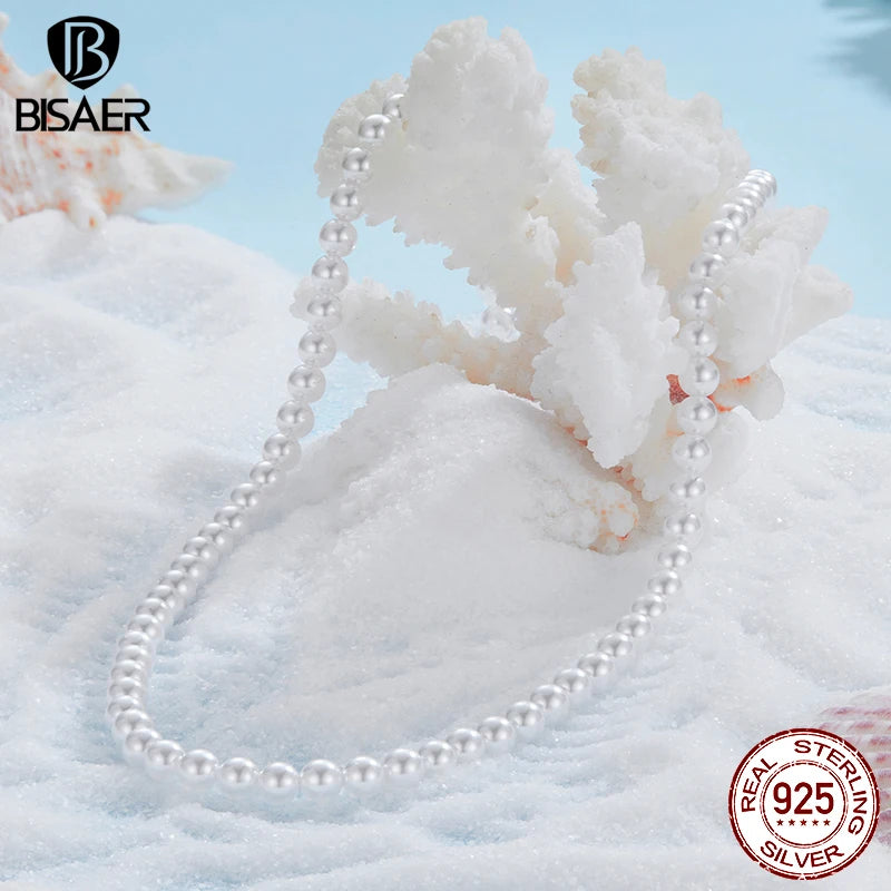 BISAER 925 Sterling Silver Pearl Necklace Minimalist Adjustable Chain Plated White Gold for Elegant Women Party Fine Jewelry