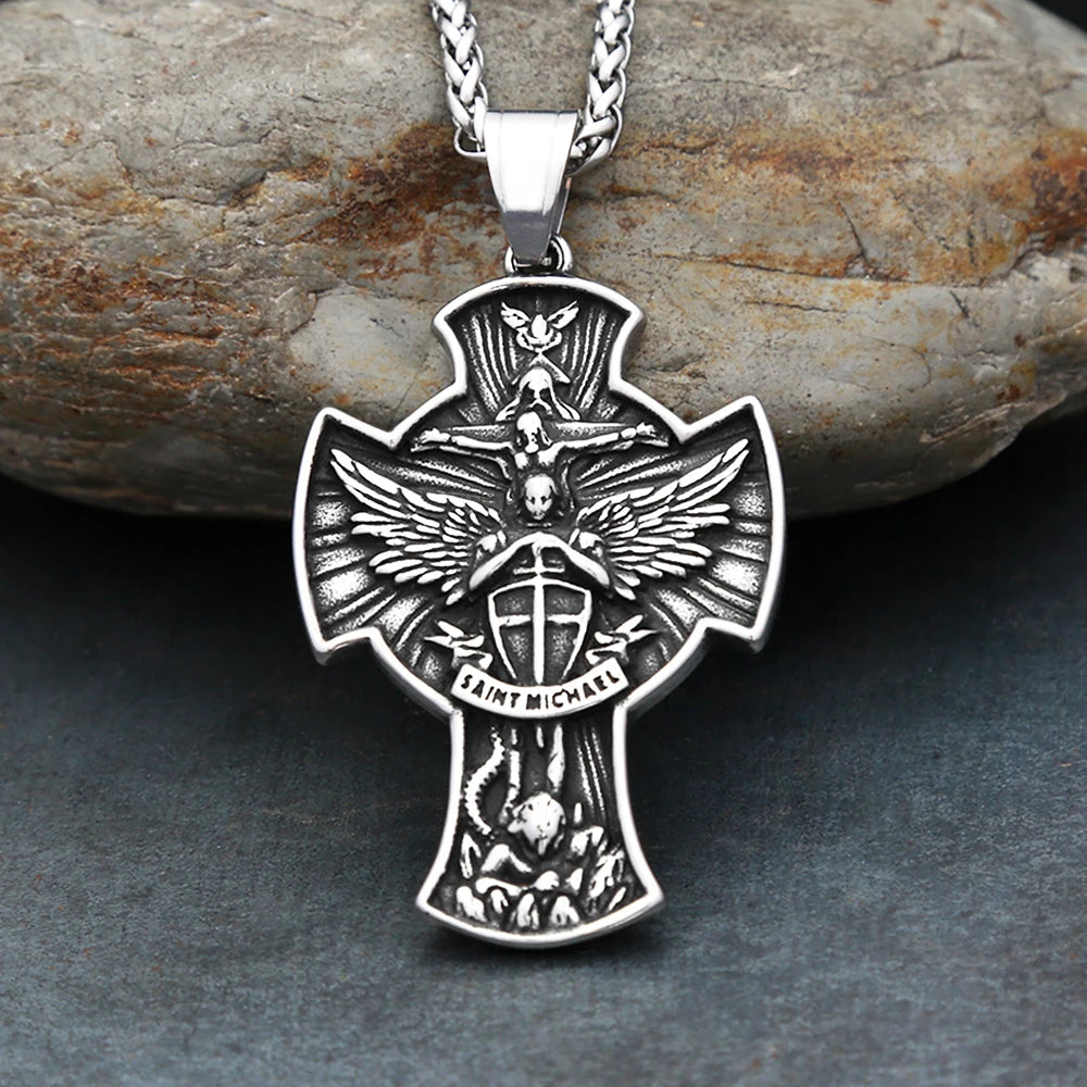 New Vintage Archangel Saint Michael Pendant Necklaces For Man Stainless Steel Angel Wings Cross Necklace Amulet Jewelry Gifts