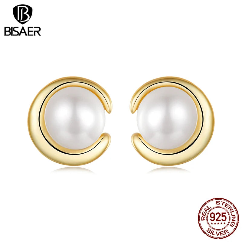 BISAER 925 Sterling Silver Pearl Stud Earrings Simple Round Ear Clip Plated Gold For Elegant Women Party Fine Jewelry EFE1107